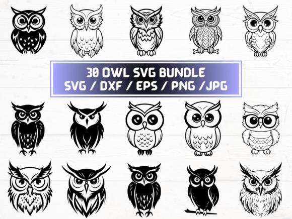 30 Owl SVG, DXF, EPS, JPG for Crafts & Graphics