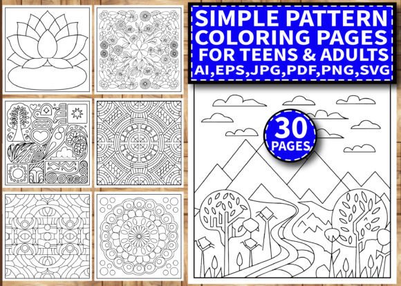 30 Simple Pattern Coloring Pages for KDP Graphics