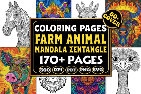 Farm Animal Mandala Zentangle Coloring Pages & Graphics